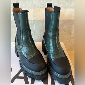 Ganni Dark Green Leather Heeled Boots